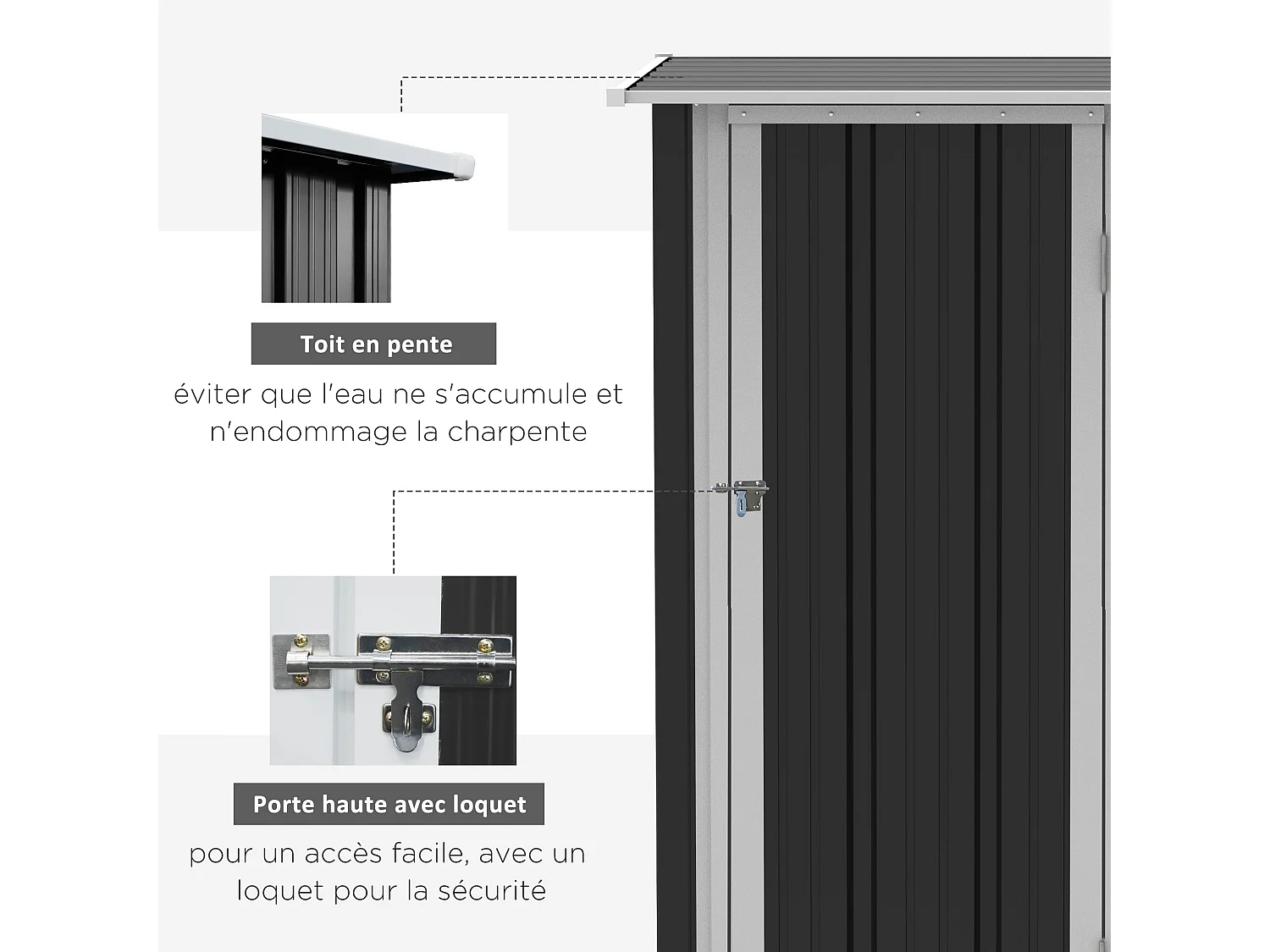 Abri de jardin - remise pour outils - cabanon porte verrouillable - dim. 142L x 84l x 189H cm - tôle d'acier anthracite blanc
