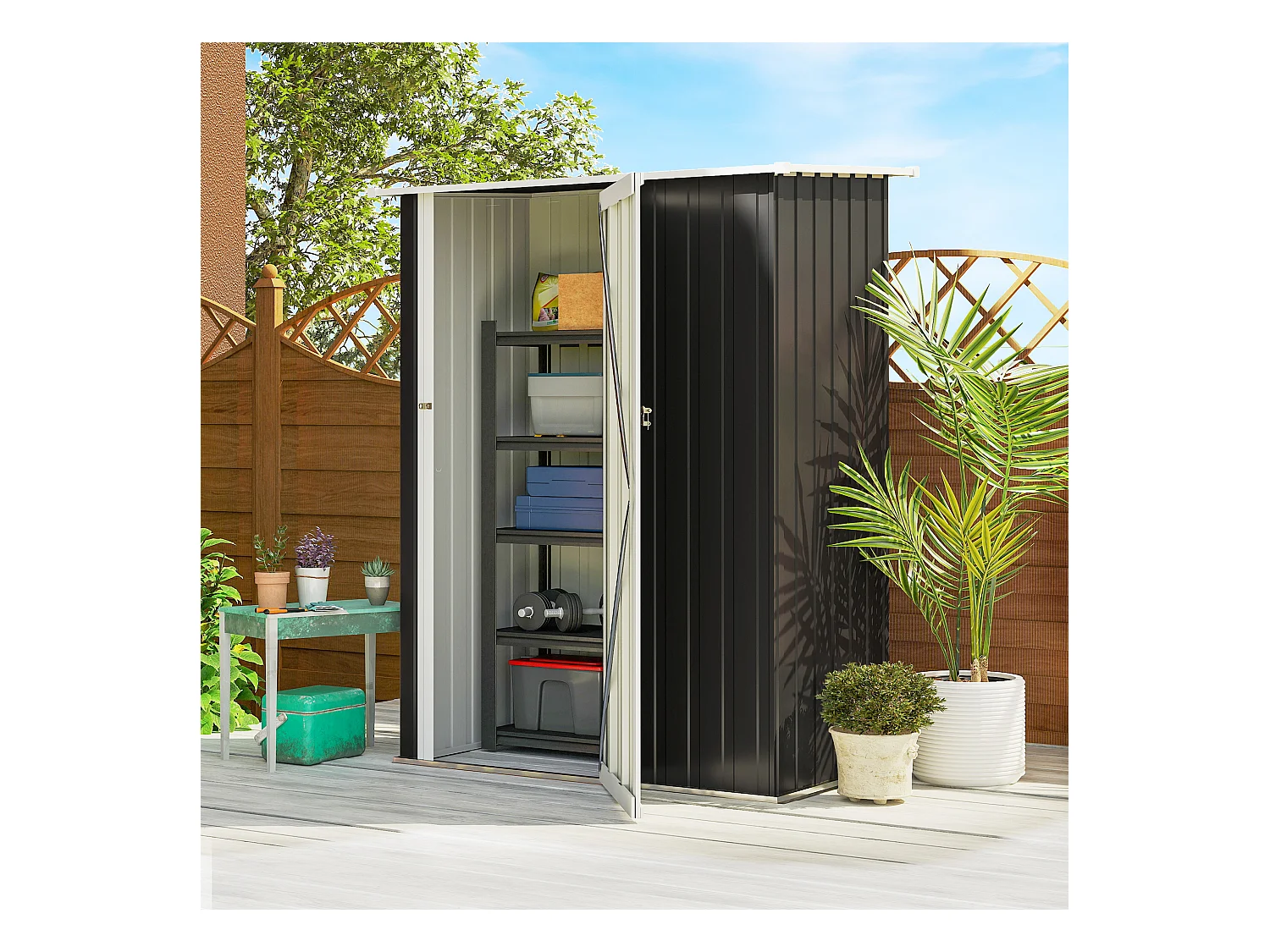 Abri de jardin - remise pour outils - cabanon porte verrouillable - dim. 142L x 84l x 189H cm - tôle d'acier anthracite blanc