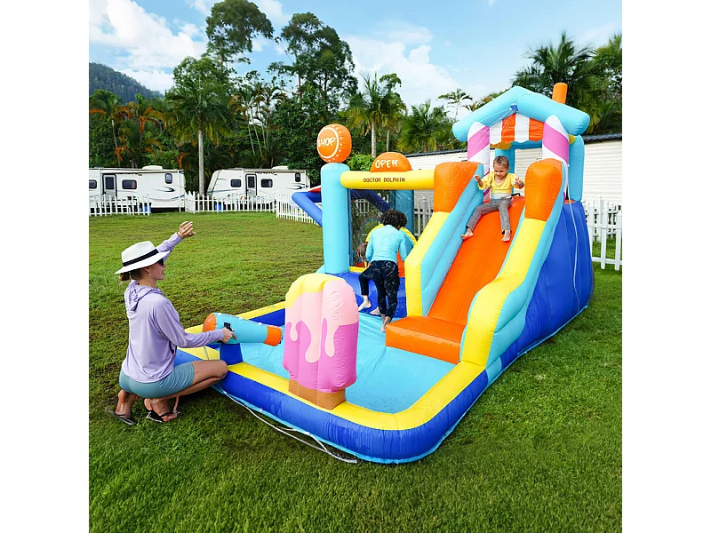 Opblaasbaar kasteel met luifel, glijbaan, trampoline, waterpistolen - waterpark met ventilator - 395x340x236cm