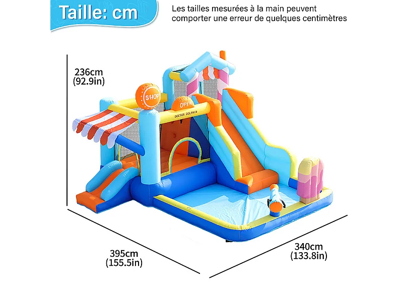 Opblaasbaar kasteel met luifel, glijbaan, trampoline, waterpistolen - waterpark met ventilator - 395x340x236cm