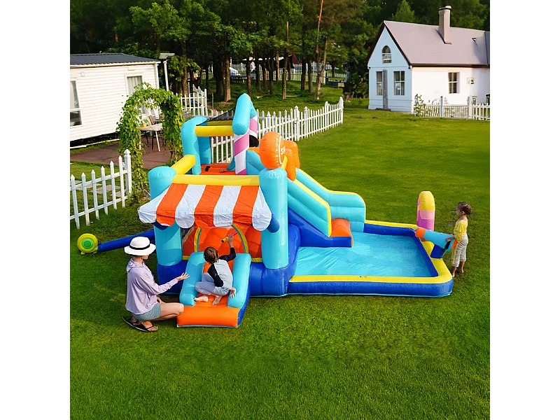Opblaasbaar kasteel met luifel, glijbaan, trampoline, waterpistolen - waterpark met ventilator - 395x340x236cm
