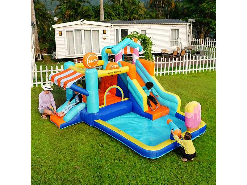 Opblaasbaar kasteel met luifel, glijbaan, trampoline, waterpistolen - waterpark met ventilator - 395x340x236cm