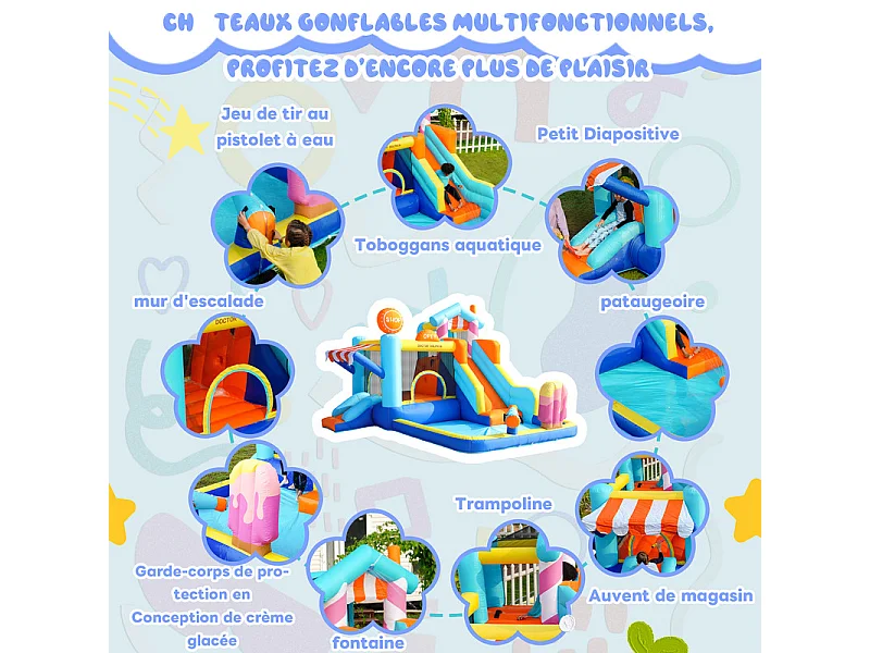 Opblaasbaar kasteel met luifel, glijbaan, trampoline, waterpistolen - waterpark met ventilator - 395x340x236cm