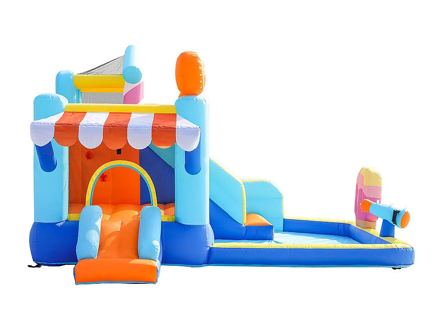 Opblaasbaar kasteel met luifel, glijbaan, trampoline, waterpistolen - waterpark met ventilator - 395x340x236cm