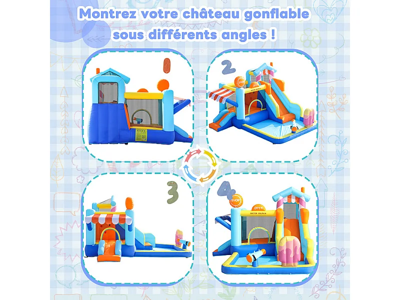 Opblaasbaar kasteel met luifel, glijbaan, trampoline, waterpistolen - waterpark met ventilator - 395x340x236cm