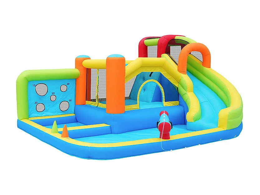 Opblaasbaar kasteel met trampolines, ventilator, glijbaan, basketbalmand, 3 tot 8 jaar oud, 410x315x203cm