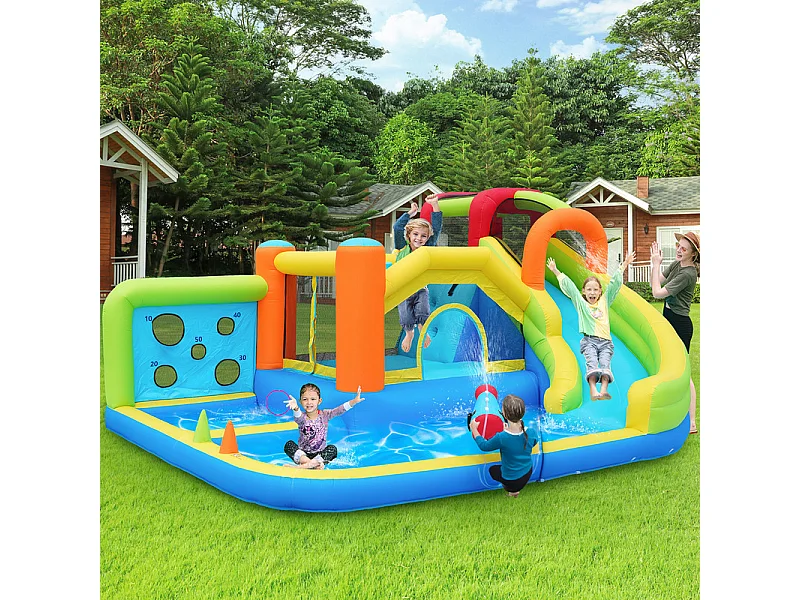 Opblaasbaar kasteel met trampolines, ventilator, glijbaan, basketbalmand, 3 tot 8 jaar oud, 410x315x203cm