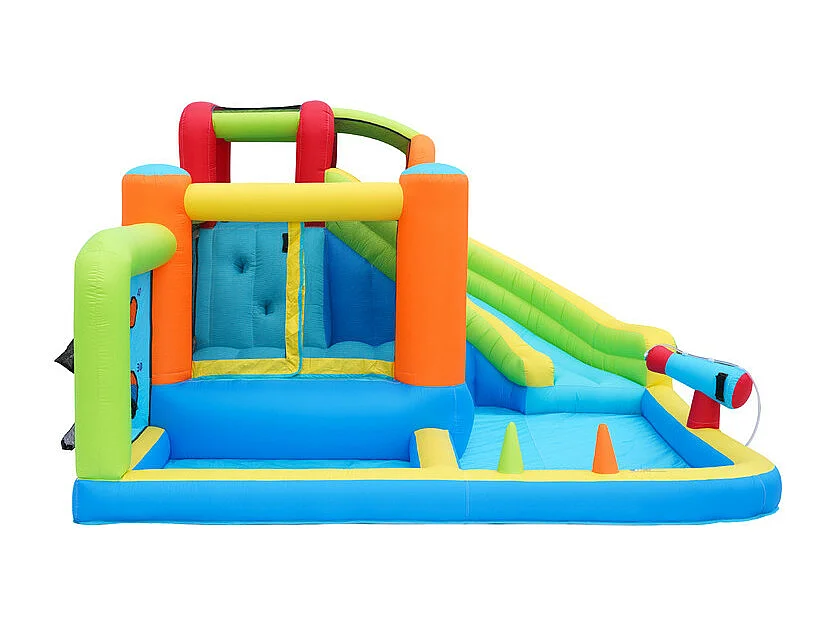 Opblaasbaar kasteel met trampolines, ventilator, glijbaan, basketbalmand, 3 tot 8 jaar oud, 410x315x203cm