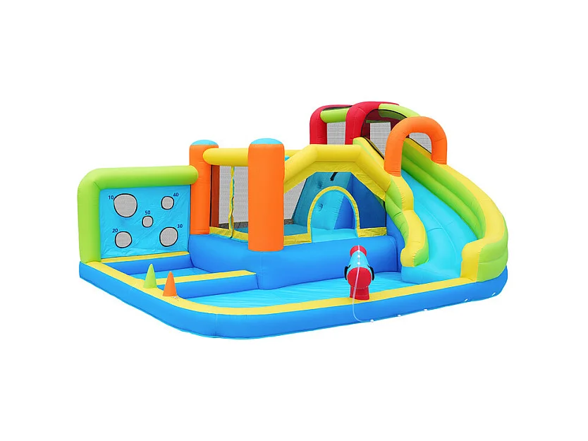Aufblasbares Schloss mit Trampolinen, Gebläse, Rutschen, Basketballkorb, 3 bis 8 Jahre alt, 410x315x203cm