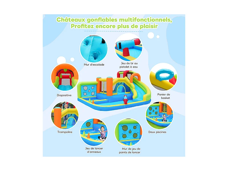 Château gonflable avec trampolines, souffleur, toboggan, panier de basket, 3 à 8 ans, 410x315x203cm