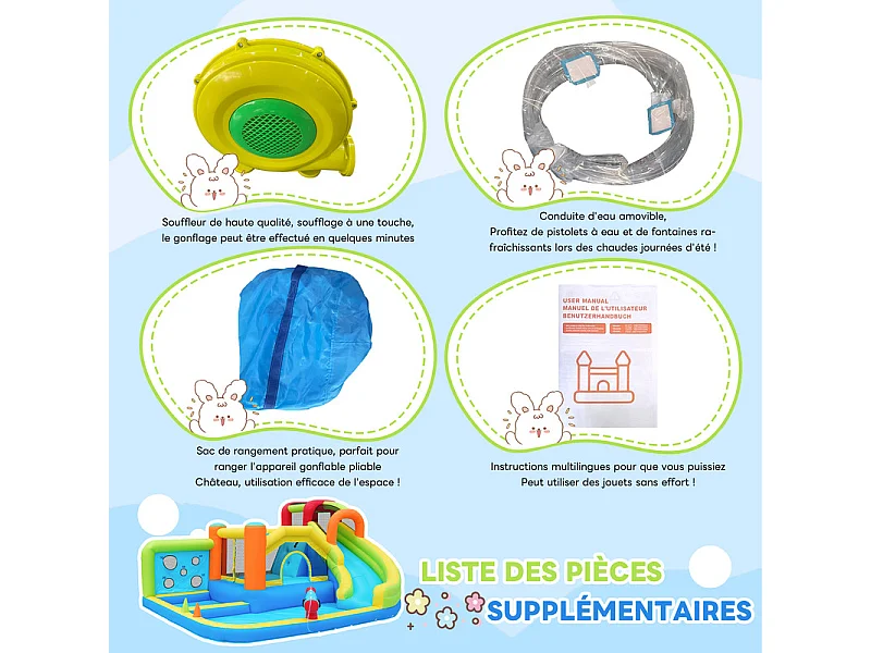 Château gonflable avec trampolines, souffleur, toboggan, panier de basket, 3 à 8 ans, 410x315x203cm