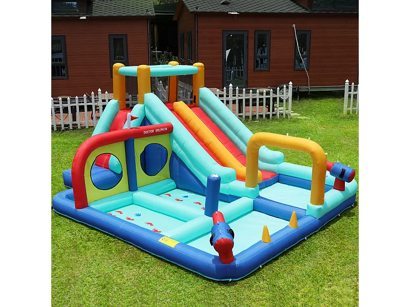 Château gonflable, parc aquatique, avec souffleur, 2 toboggan et pistolet à eau, 3 à 8 ans, 365x450x217cm