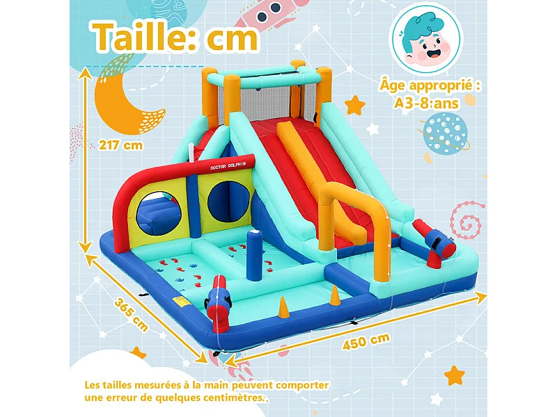 Château gonflable, parc aquatique, avec souffleur, 2 toboggan et pistolet à eau, 3 à 8 ans, 365x450x217cm