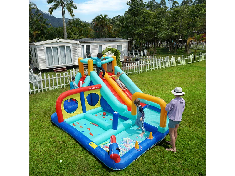 Château gonflable, parc aquatique, avec souffleur, 2 toboggan et pistolet à eau, 3 à 8 ans, 365x450x217cm