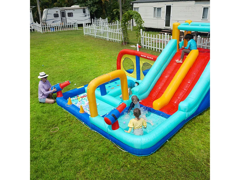 Château gonflable, parc aquatique, avec souffleur, 2 toboggan et pistolet à eau, 3 à 8 ans, 365x450x217cm