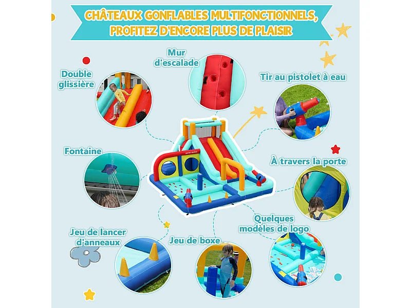 Château gonflable, parc aquatique, avec souffleur, 2 toboggan et pistolet à eau, 3 à 8 ans, 365x450x217cm