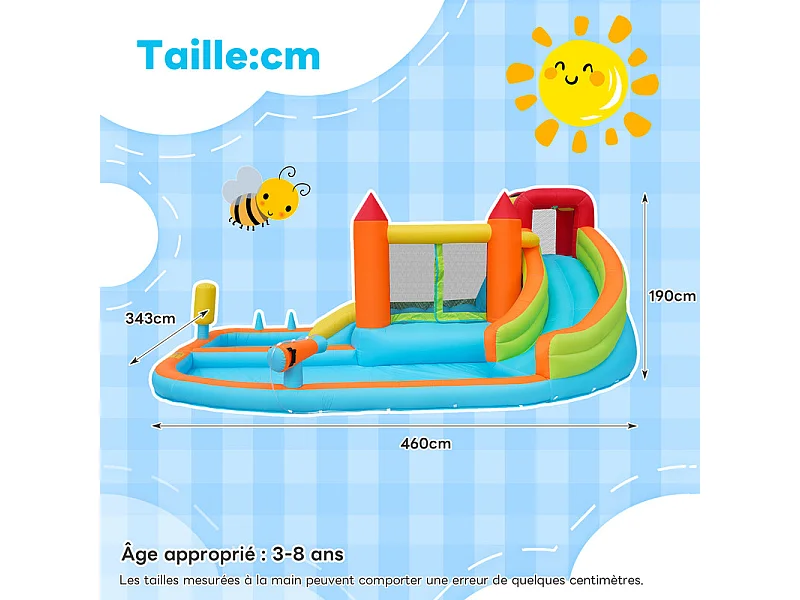 Opblaasbaar kasteel met ventilator, zwembad, glijbaan, waterpistool - 3 tot 8 jaar oud - max 180 kg belasting - 460x343x190cm