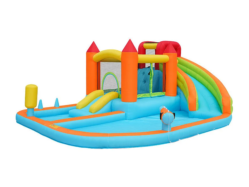 Opblaasbaar kasteel met ventilator, zwembad, glijbaan, waterpistool - 3 tot 8 jaar oud - max 180 kg belasting - 460x343x190cm