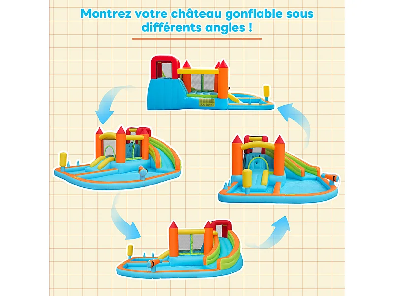 Opblaasbaar kasteel met ventilator, zwembad, glijbaan, waterpistool - 3 tot 8 jaar oud - max 180 kg belasting - 460x343x190cm