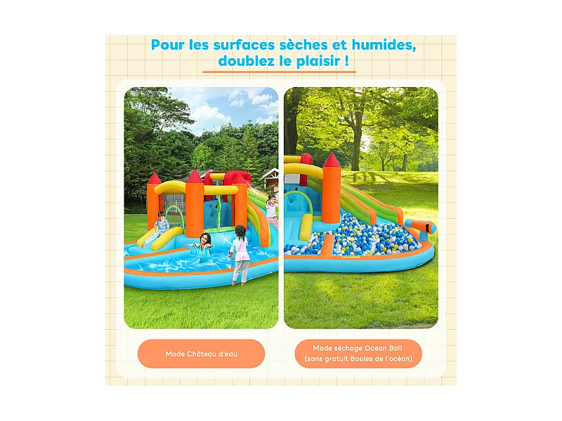 Château gonflable avec Souffleur, Piscine, Toboggan, pistolet à eau - 3 à 8 ans - charge max 180kg - 460x343x190cm