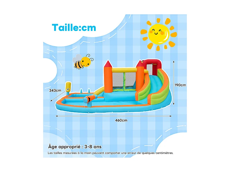 Château gonflable avec Souffleur, Piscine, Toboggan, pistolet à eau - 3 à 8 ans - charge max 180kg - 460x343x190cm