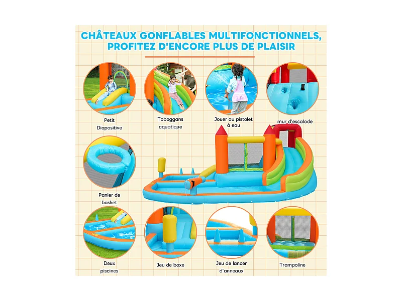 Château gonflable avec Souffleur, Piscine, Toboggan, pistolet à eau - 3 à 8 ans - charge max 180kg - 460x343x190cm