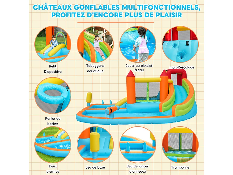 Château gonflable avec Souffleur, Piscine, Toboggan, pistolet à eau - 3 à 8 ans - charge max 180kg - 460x343x190cm