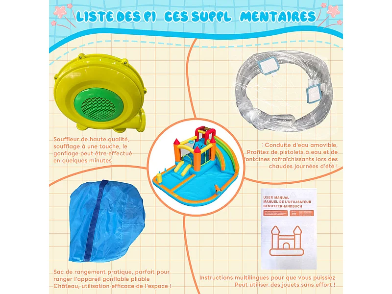 Château gonflable avec Souffleur, Piscine, Toboggan, pistolet à eau - 3 à 8 ans - charge max 180kg - 460x343x190cm