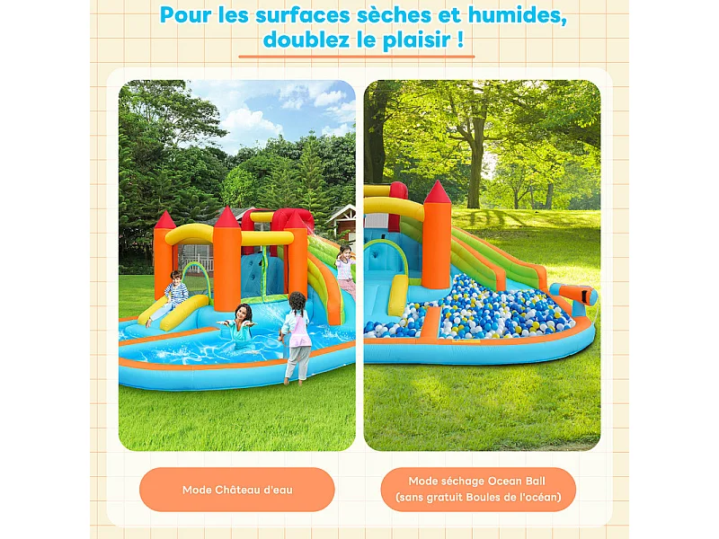 Château gonflable avec Souffleur, Piscine, Toboggan, pistolet à eau - 3 à 8 ans - charge max 180kg - 460x343x190cm