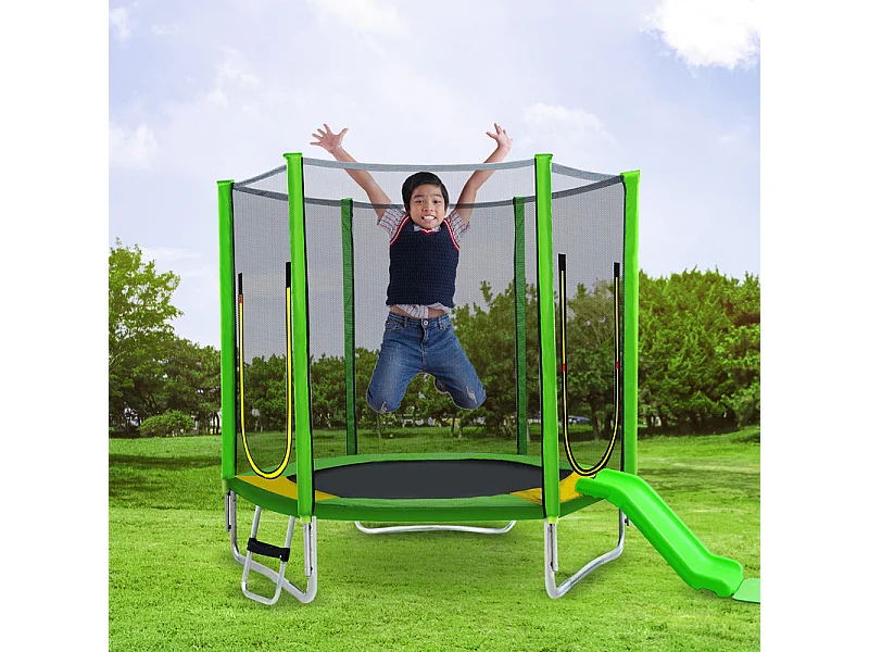 Trampoline Ø213 cm - avec toboggan, escalier, 2 porte et filet de sécurité - charge max 100kg - Certification GS