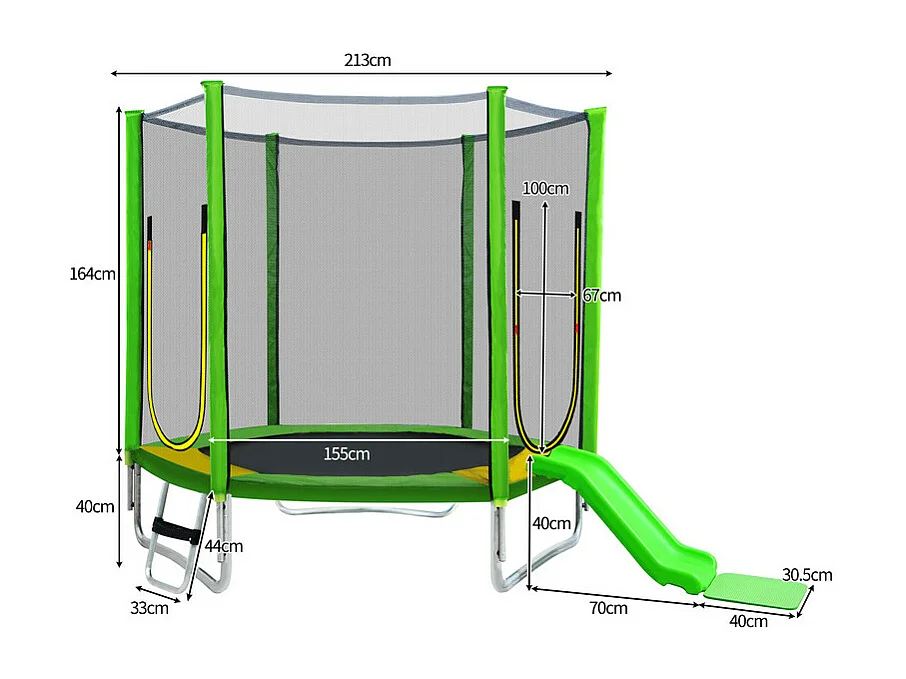 Trampoline Ø213 cm - avec toboggan, escalier, 2 porte et filet de sécurité - charge max 100kg - Certification GS