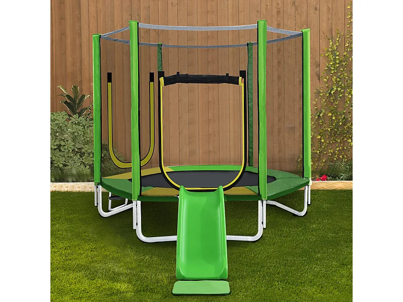 Trampoline Ø213 cm - avec toboggan, escalier, 2 porte et filet de sécurité - charge max 100kg - Certification GS