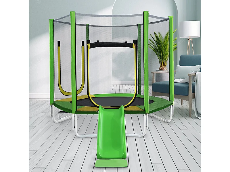 Trampoline Ø213 cm - avec toboggan, escalier, 2 porte et filet de sécurité - charge max 100kg - Certification GS