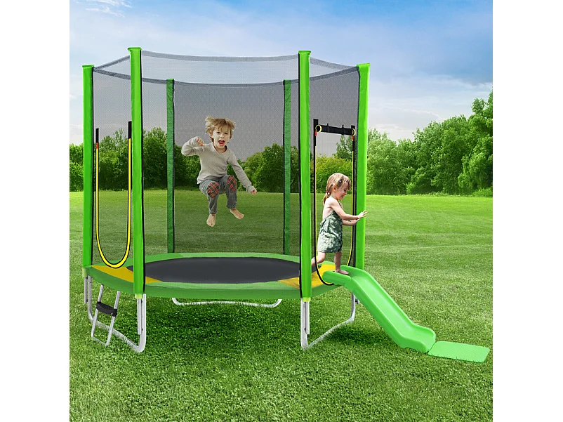 Trampoline Ø213 cm - avec toboggan, escalier, 2 porte et filet de sécurité - charge max 100kg - Certification GS