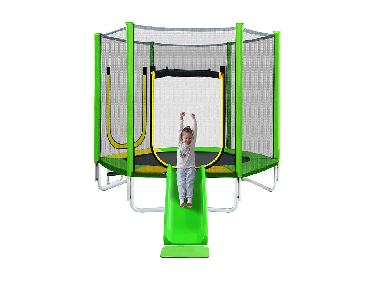 Trampoline Ø213 cm - avec toboggan, escalier, 2 porte et filet de sécurité - charge max 100kg - Certification GS