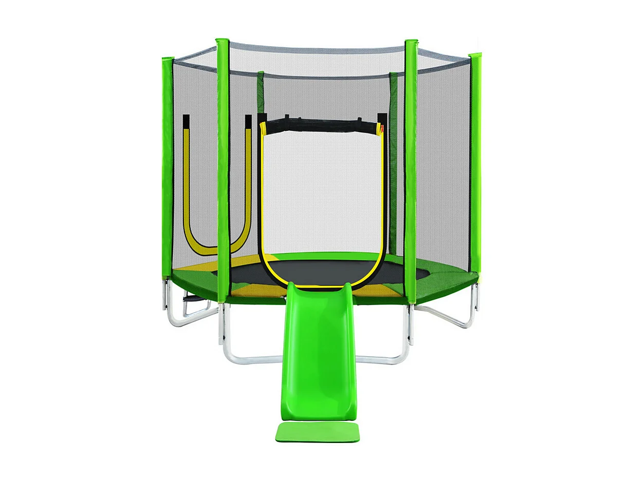 Trampoline Ø213 cm - avec toboggan, escalier, 2 porte et filet de sécurité - charge max 100kg - Certification GS