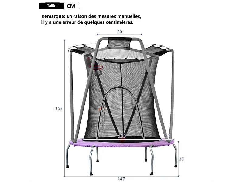 Ronde tuintrampoline in gegalvaniseerd staal 147 cm - met vangnet, mandballen - max 50 kg lading