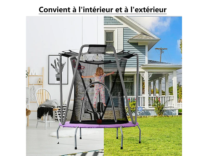 Trampoline de jardin ronde en acier galvanisé 147cm - avec filet de sécurité, balles de panier - charge max 50kg