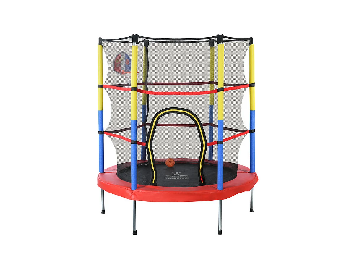 Trampoline de jardin rond en acier - 140cm - avec panier de basket et 2 balles de panier - charge max 45kg - 3 à 6 ans