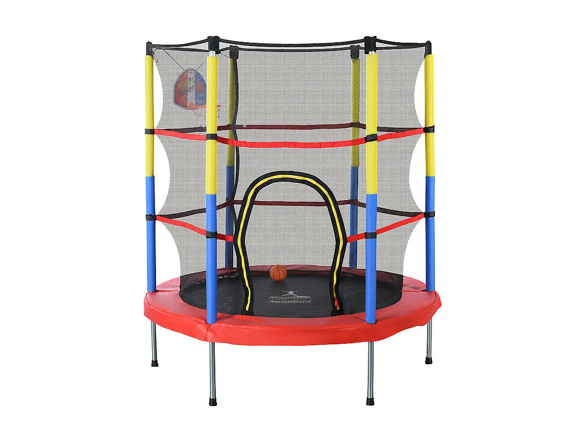 Trampoline de jardin rond en acier - 140cm - avec panier de basket et 2 balles de panier - charge max 45kg - 3 à 6 ans