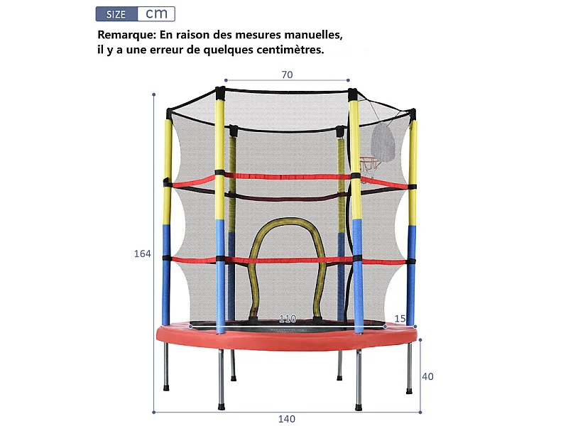 Trampoline de jardin rond en acier - 140cm - avec panier de basket et 2 balles de panier - charge max 45kg - 3 à 6 ans