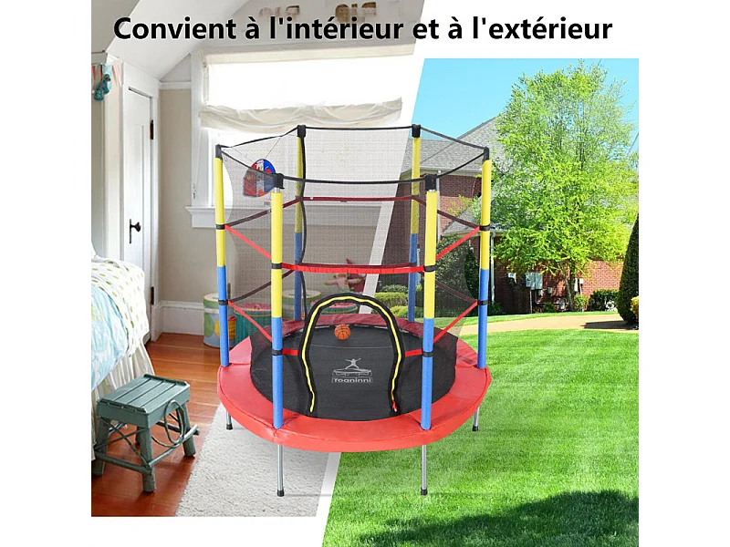 Trampoline de jardin rond en acier - 140cm - avec panier de basket et 2 balles de panier - charge max 45kg - 3 à 6 ans