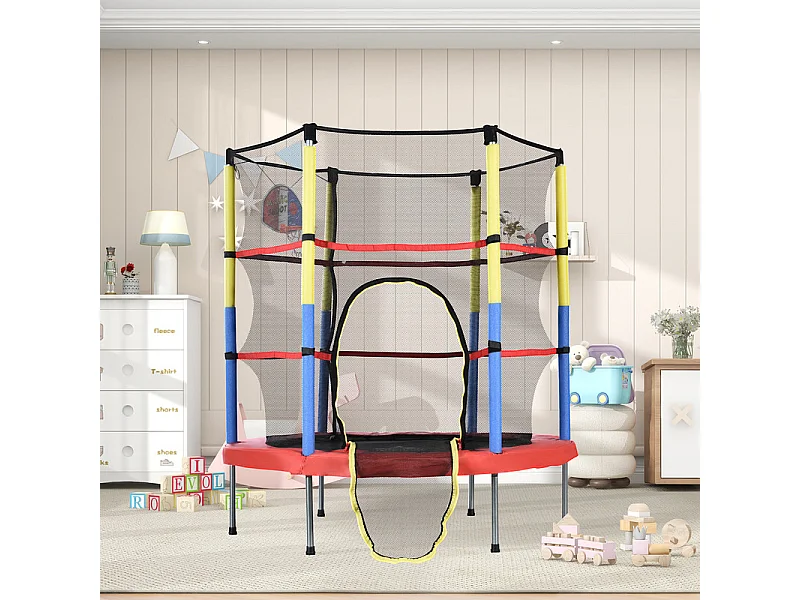 Trampoline de jardin rond en acier - 140cm - avec panier de basket et 2 balles de panier - charge max 45kg - 3 à 6 ans