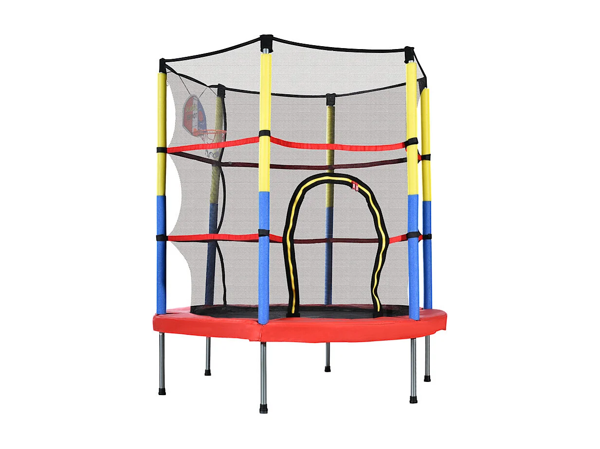 Trampoline de jardin rond en acier - 140cm - avec panier de basket et 2 balles de panier - charge max 45kg - 3 à 6 ans