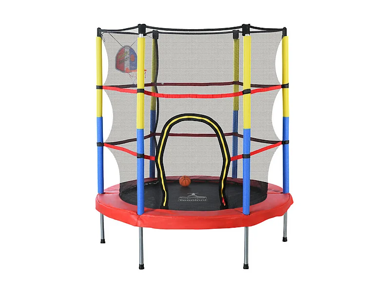 Trampoline de jardin rond en acier - 140cm - avec panier de basket et 2 balles de panier - charge max 45kg - 3 à 6 ans