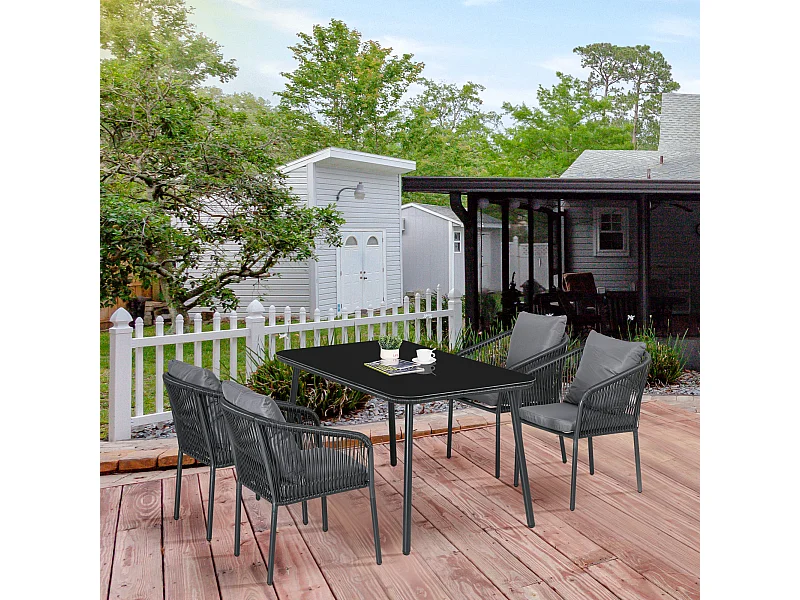 Salon de jardin 4 places 5 pièces table à manger chaises empilables coussins alu résine noir gris