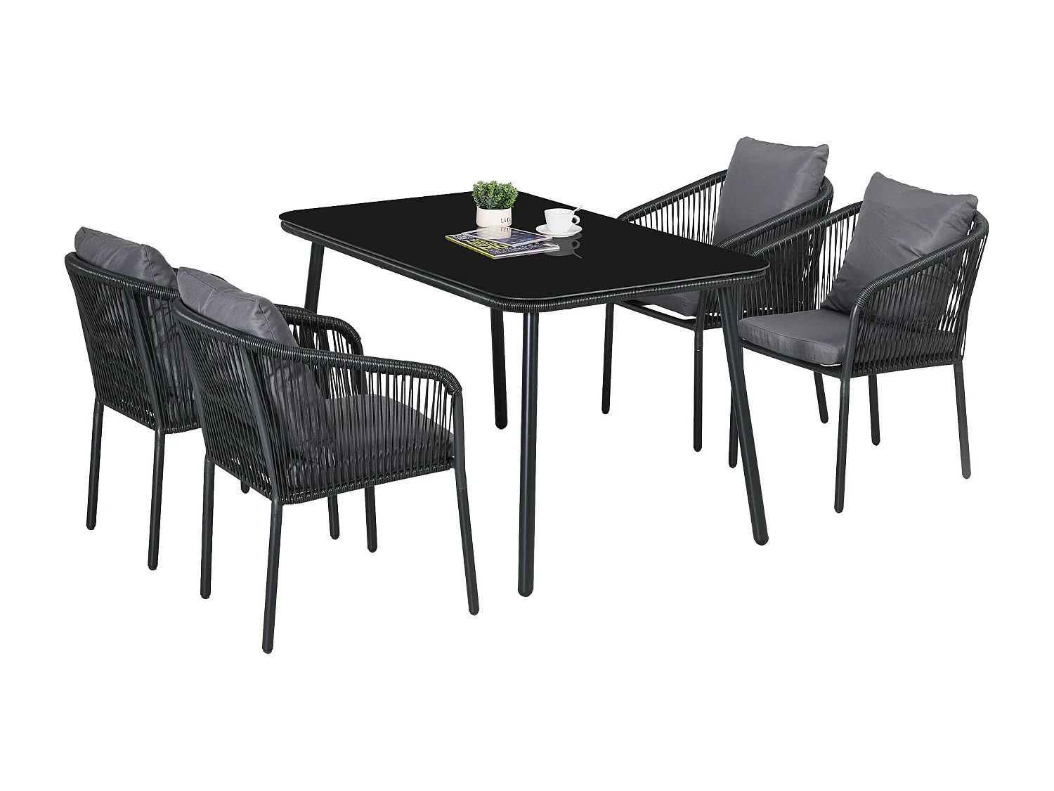 Salon de jardin 4 places 5 pièces table à manger chaises empilables coussins alu résine noir gris