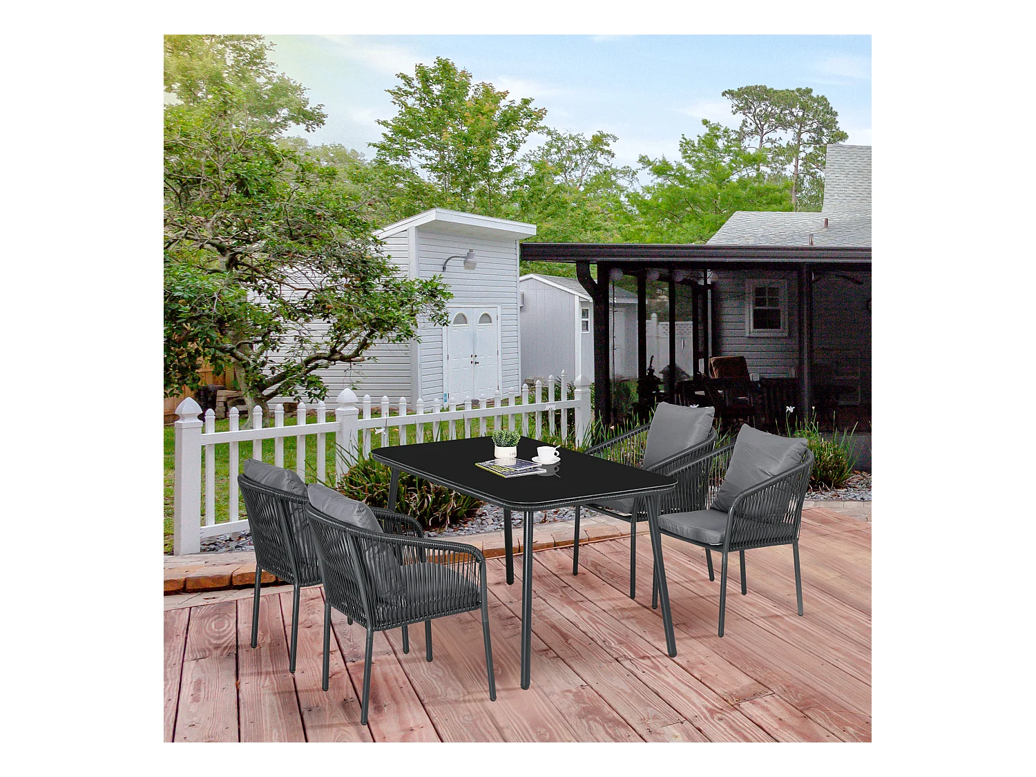 Salon de jardin 4 places 5 pièces table à manger chaises empilables coussins alu résine noir gris