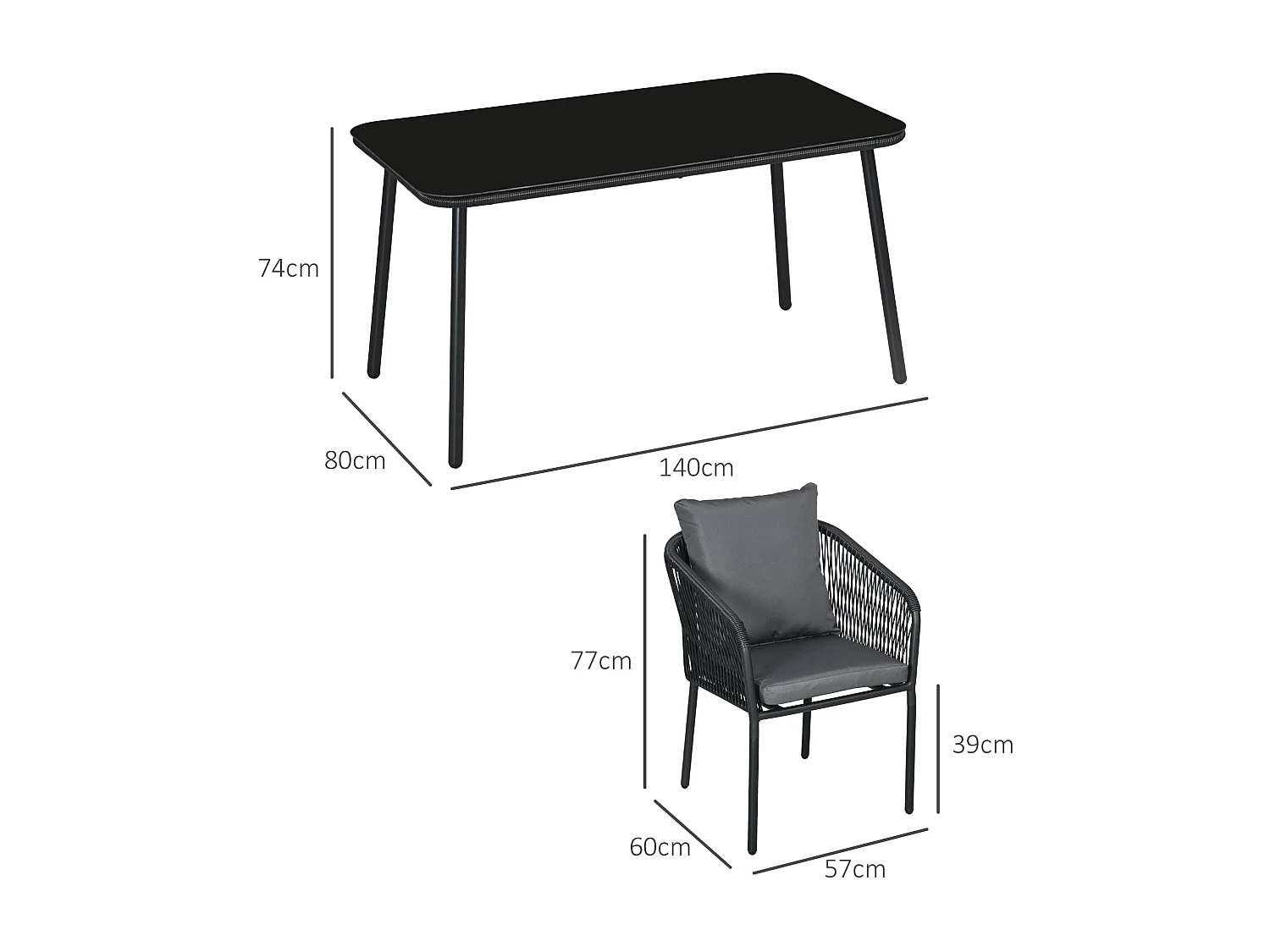 Salon de jardin 4 places 5 pièces table à manger chaises empilables coussins alu résine noir gris