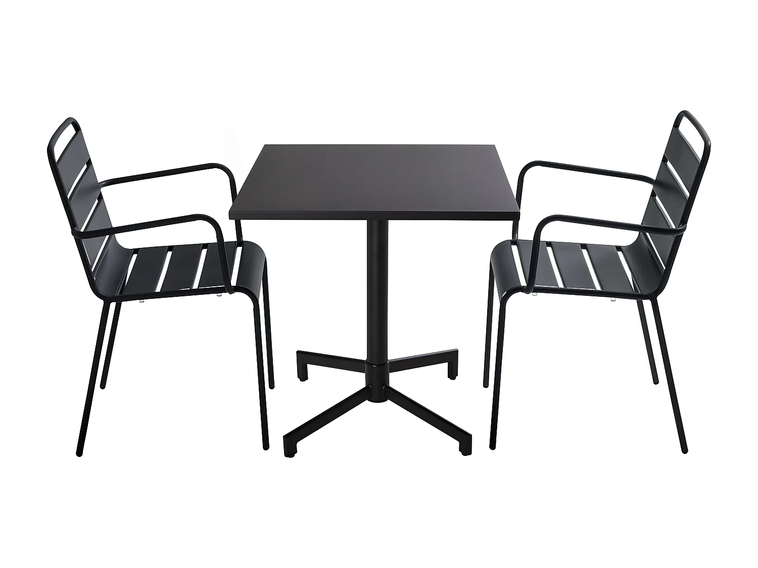 Set van 70 cm tafel en 2 zwarte metalen tuinstoelen